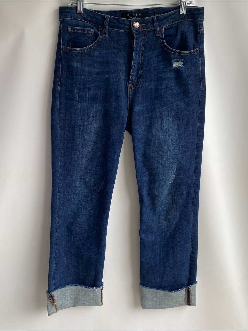 Risen Jeans dark wash selvage edge cuffed stretch denim fall winter straight leg